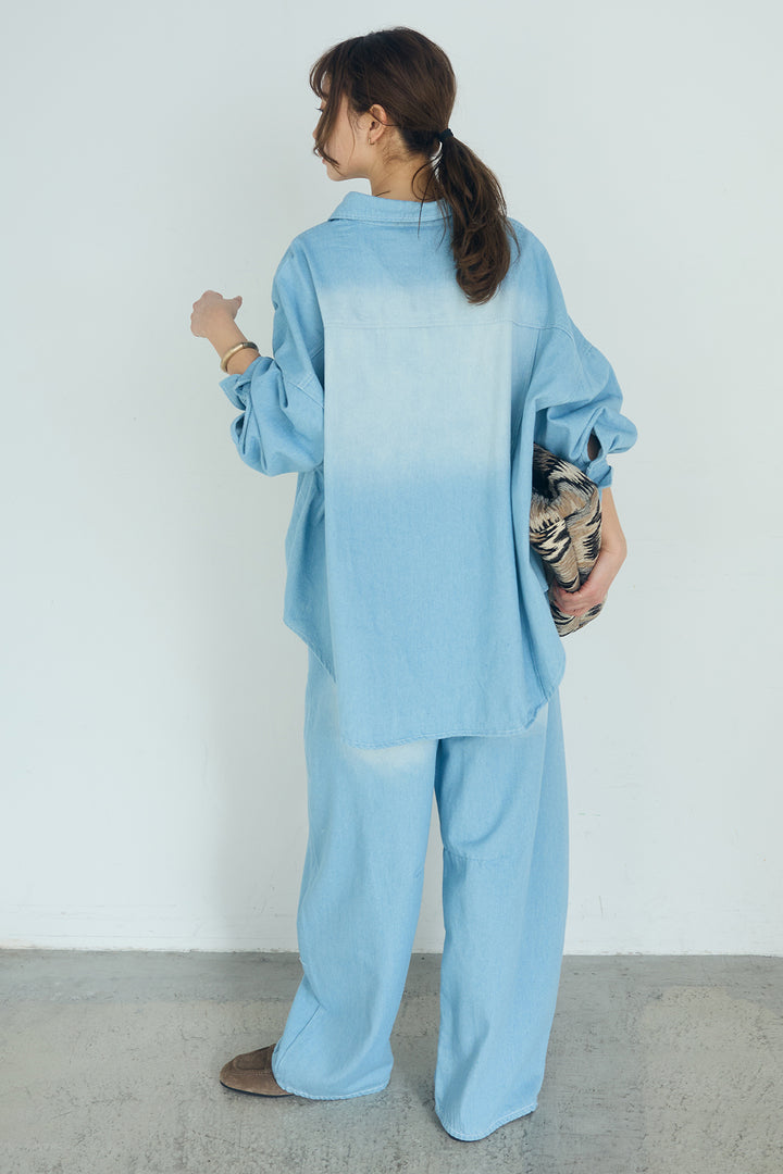 [SET]ヴィンテージ加工デニムオーバーシャツ+ヴィンテージ加工デニムワイドパンツ(2set)