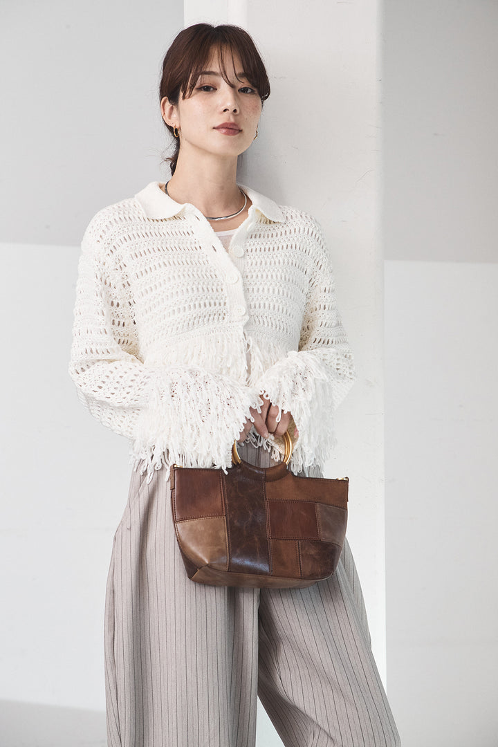 [SET]メッシュフリンジカーディガン+ヘリンボーンストライプツータックパンツ(2set)