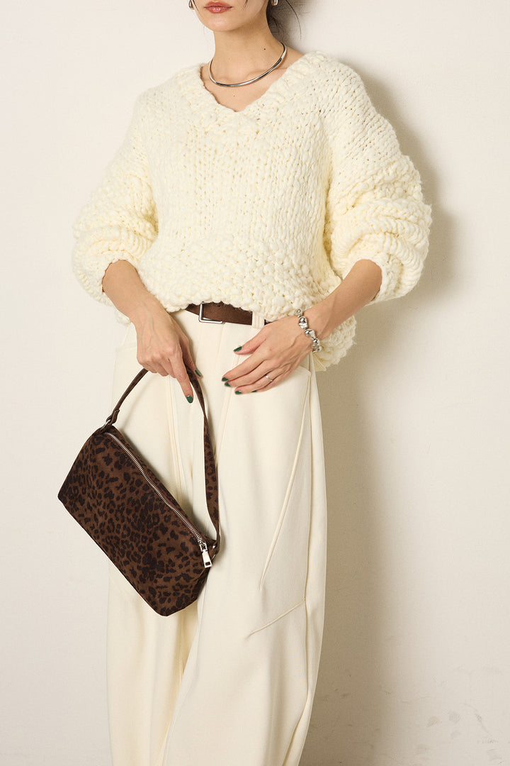 [SET]Vネックハンド編みニットトップス+太ベルト付きスウェットワイドカーブパンツ(2set)