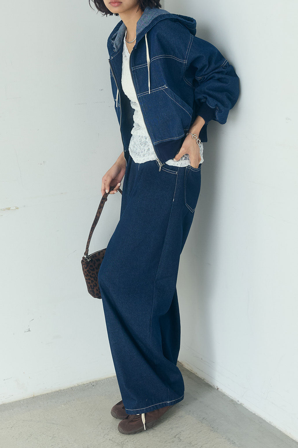 [SET]デニムダブルジップパーカーブルゾン+デニムタックカーブパンツ(2set)