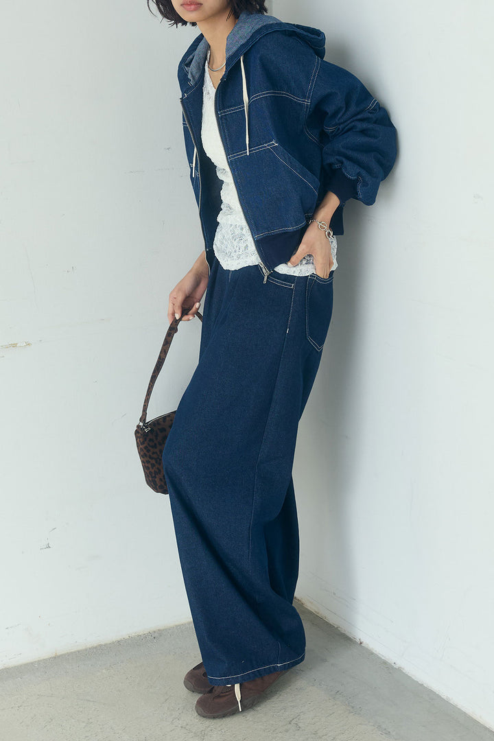 [SET]デニムダブルジップパーカーブルゾン+デニムタックカーブパンツ(2set)