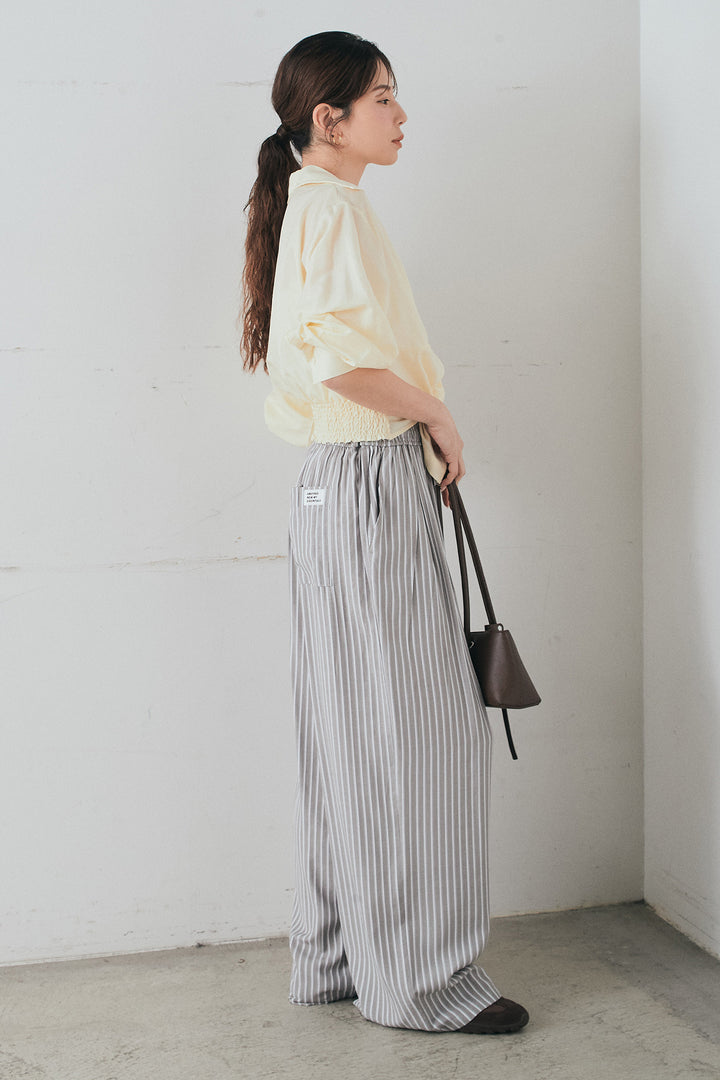 [SET]裾巻きツイストデザインシャツ+レーヨンストライプイージーワイドパンツ(2set)
