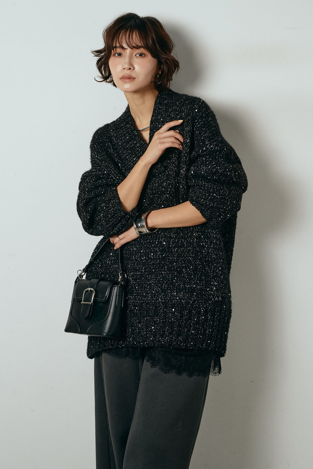 [SET]Vネックラメニットトップス+裏起毛スウェットワイドパンツ(2set)