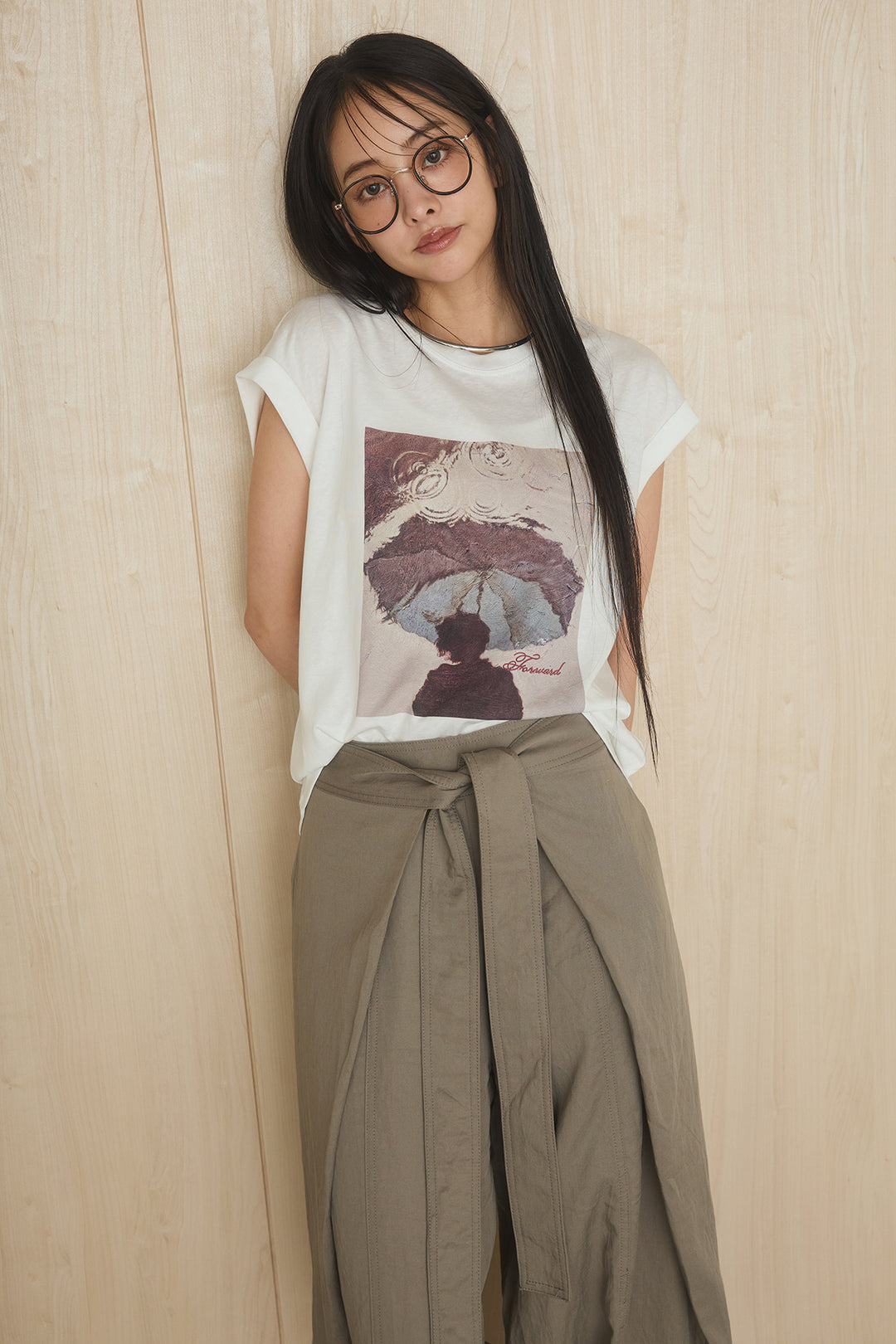 [SET]スクエアニュアンス柄Tシャツ+前結びタックワイドパンツ(2set)