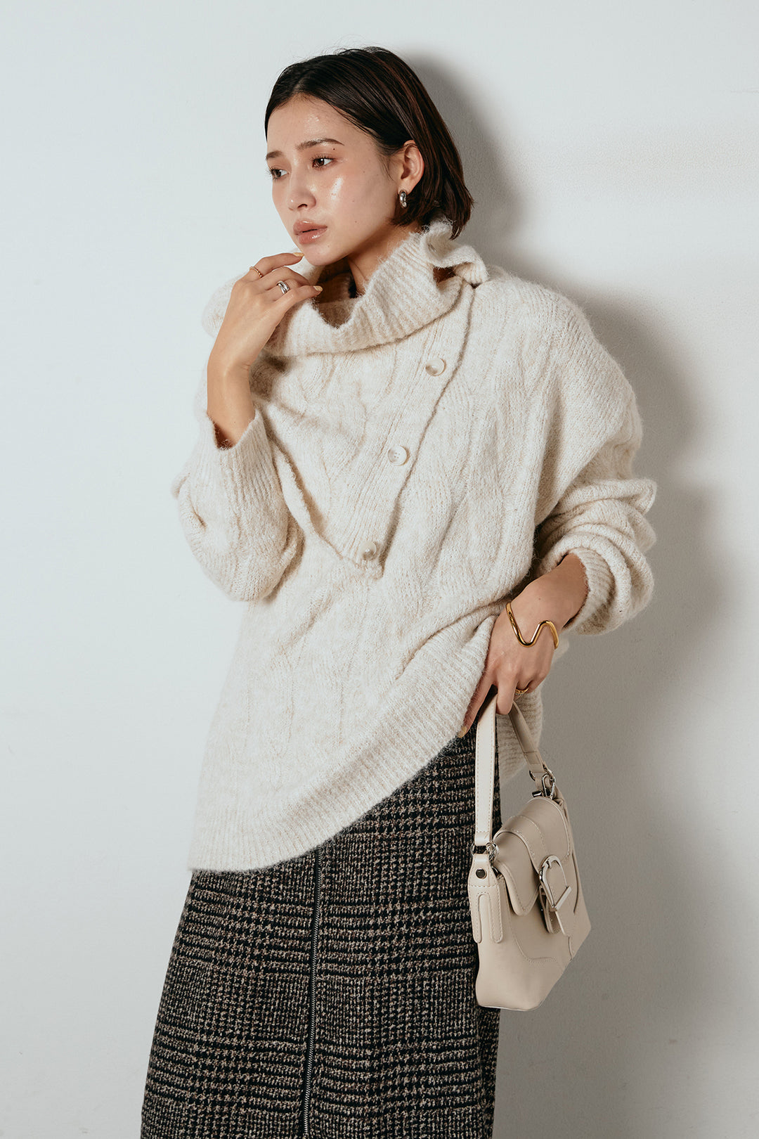 [SET]ケープデザインケーブルニットトップス+グレンチェック柄フロントジップタイトスカート(2set)