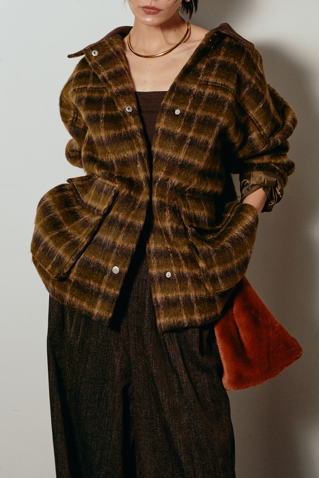 [SET]チェックシャギーミドルカバーオール+フェイクレザーベルト付きスウェードライクワイドパンツ(2set)