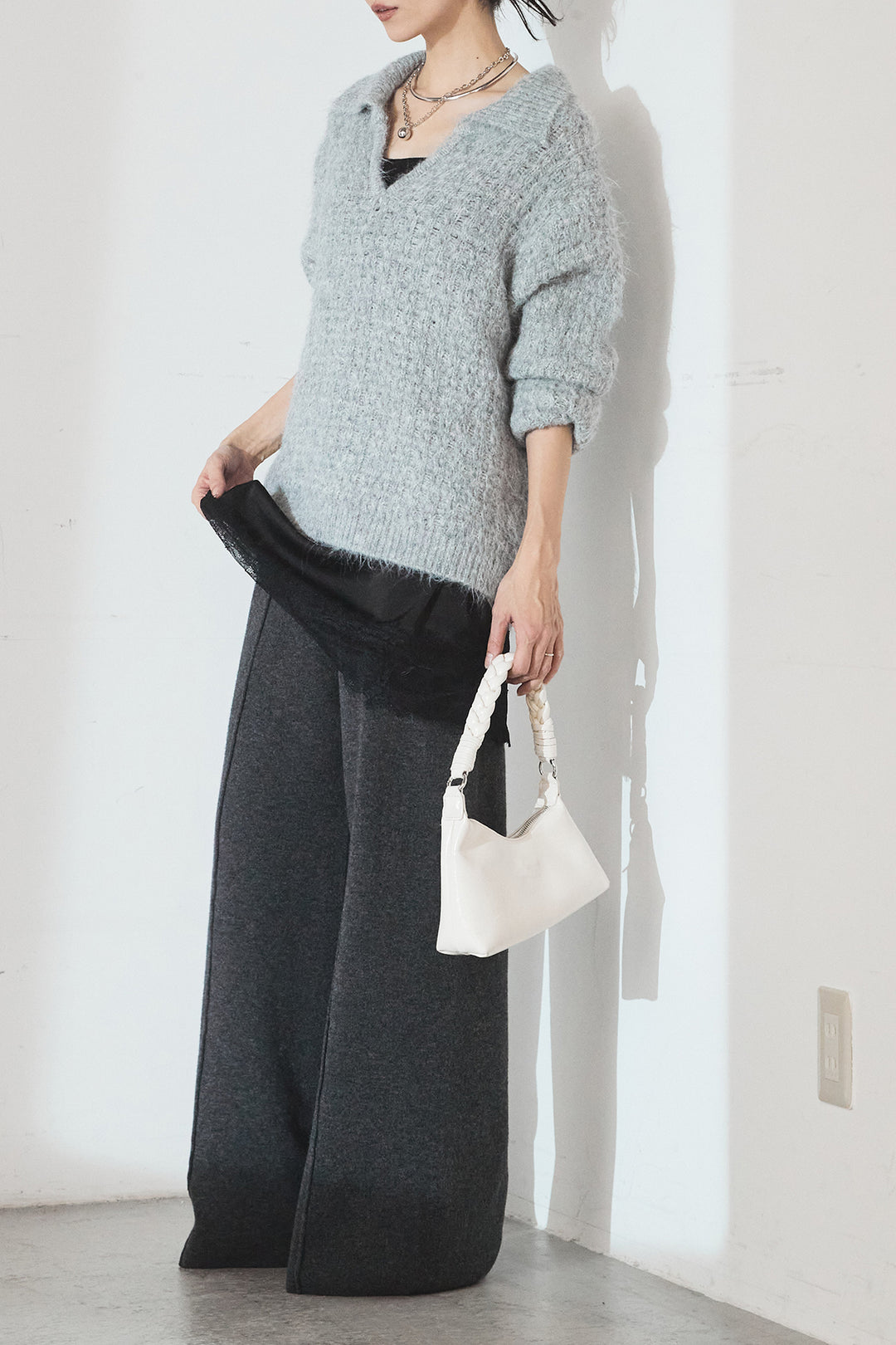 [SET]襟付きVネックニットトップス+センターラインニットパンツ(2set)