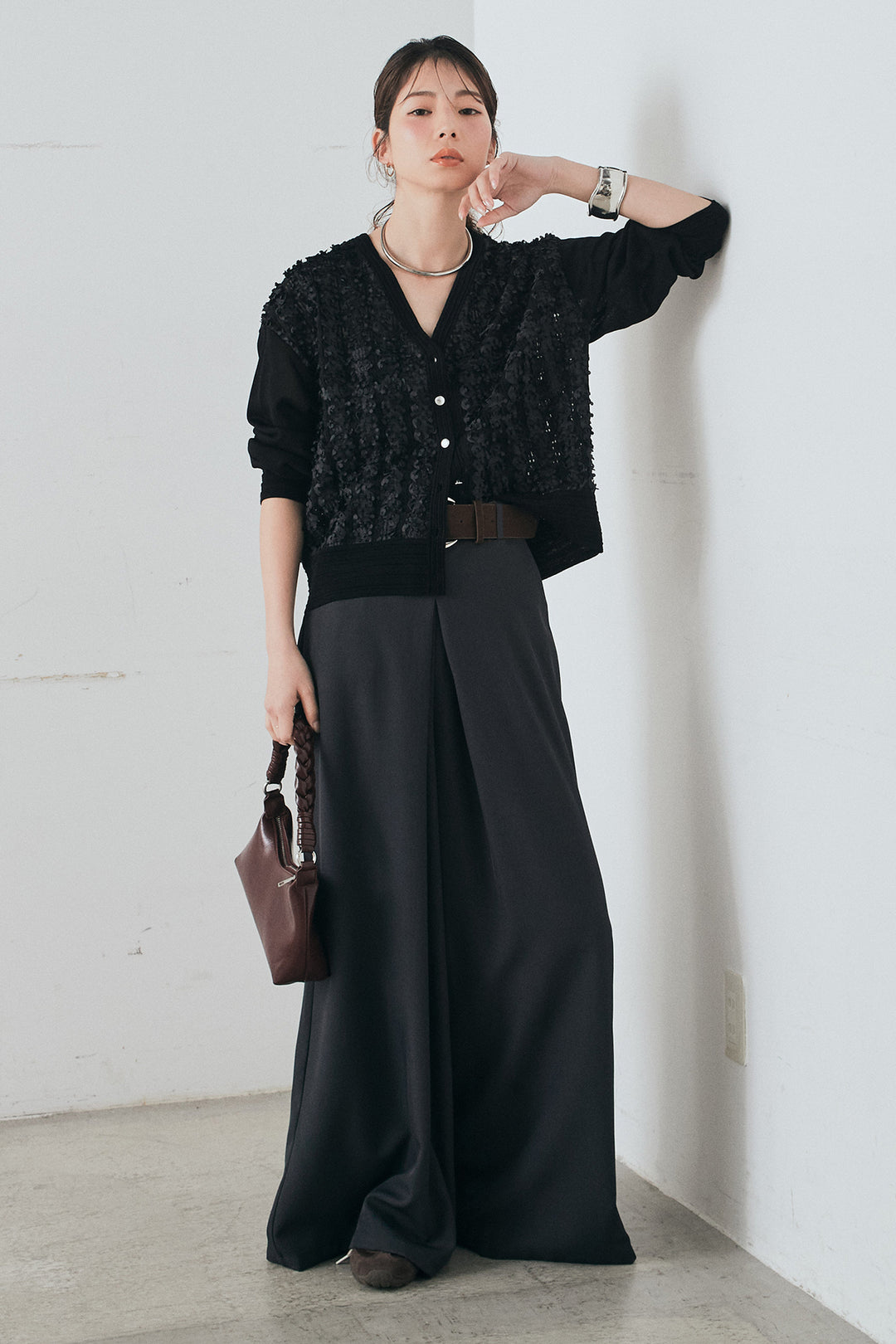 [SET]モコレースVネックカーディガン+太ベルト付きフロントタックパンツ(2set)