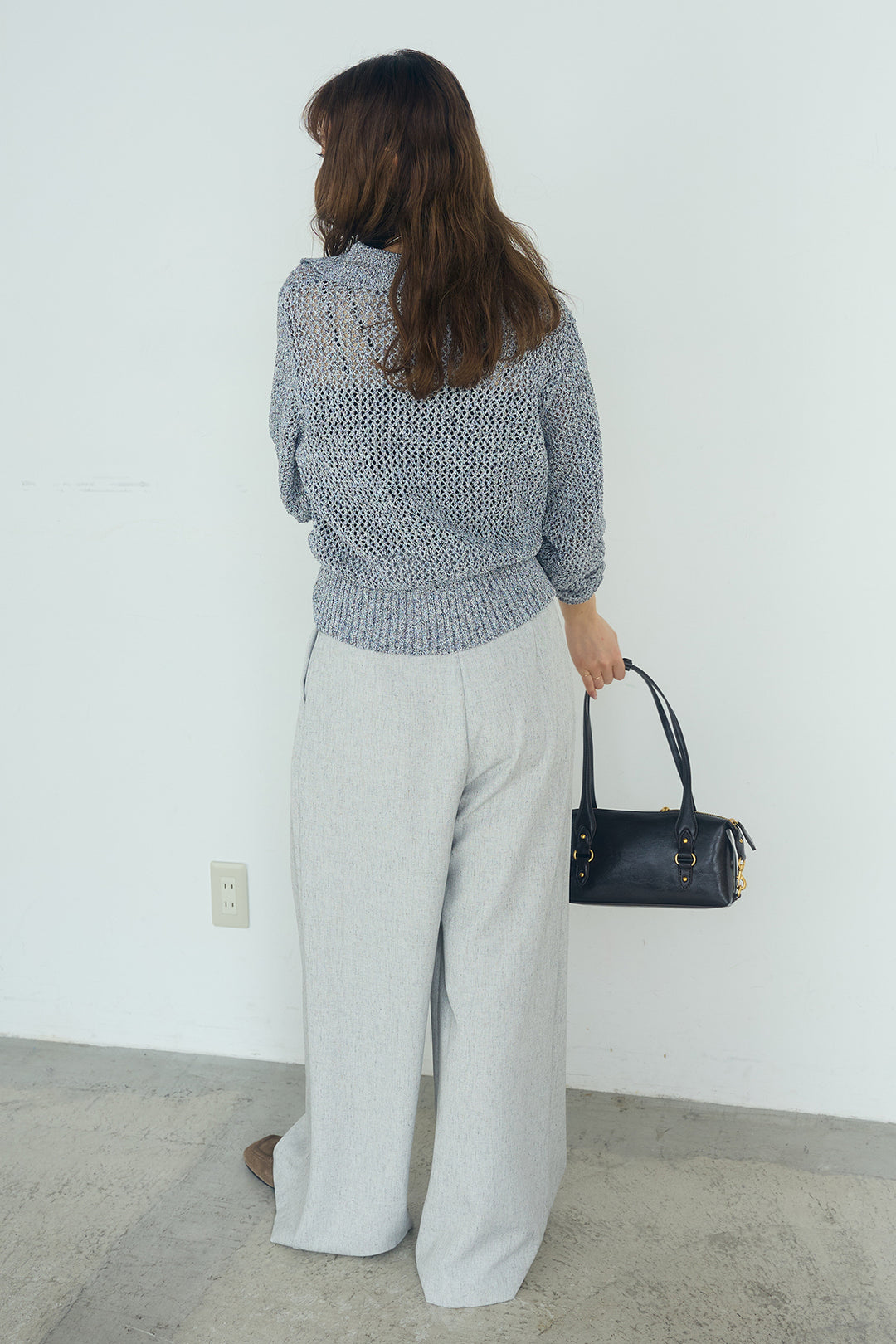 [SET]ミックスメッシュポロニット+麻混タックワイドパンツ(2set)