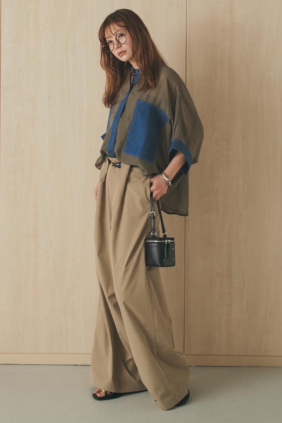 [SET]デニムライクビッグツーポケシアーシャツ+ベルトループデザインハイウエストタックパンツ(2set)