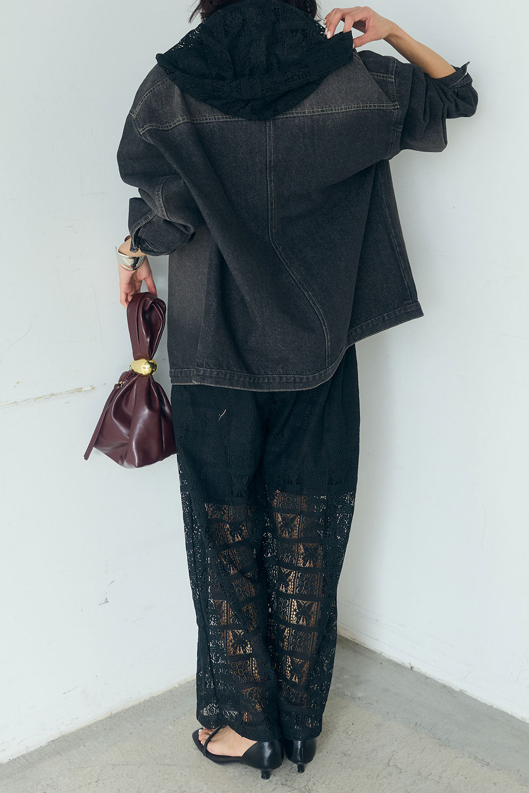 [SET]デニムオーバーサイズジャケット+パッチワークレースイージーパンツ+パッチワークレースショート丈フードシャツ(3set)