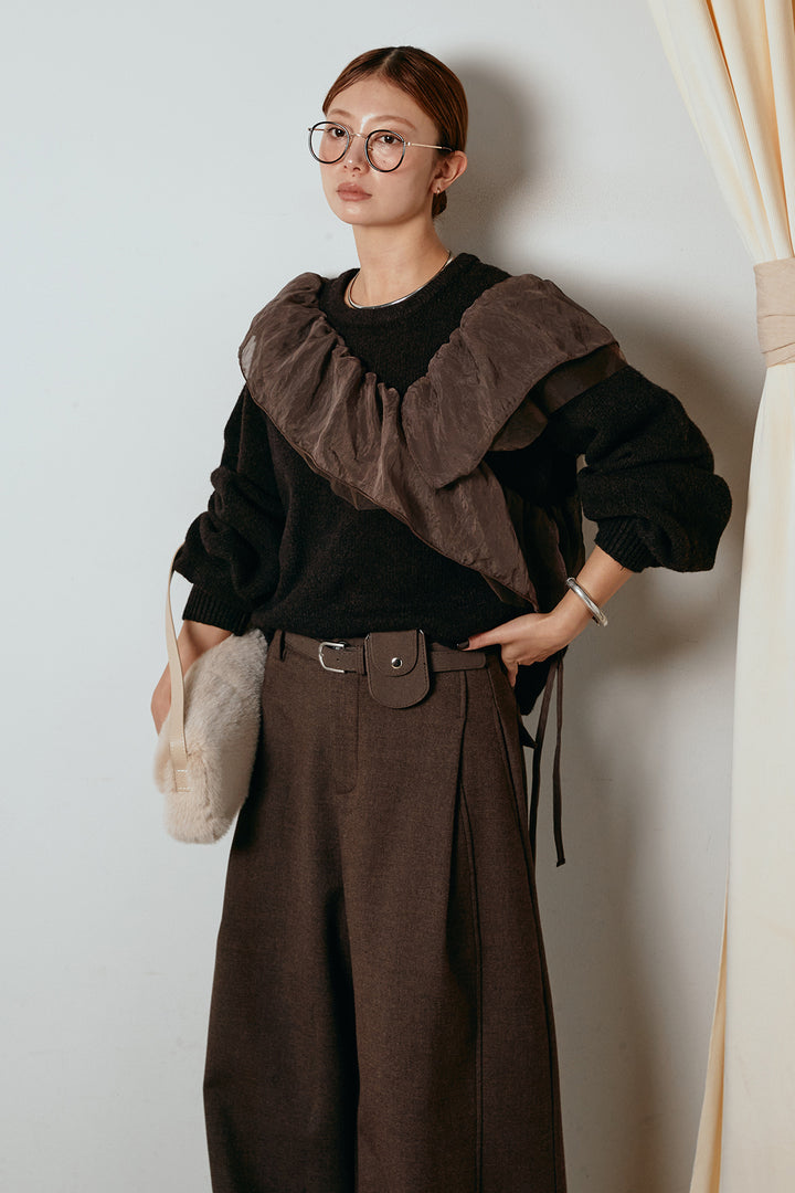 [SET]アシンメトリーフリルニットトップス+ポーチベルト付きカーブパンツ(2set)