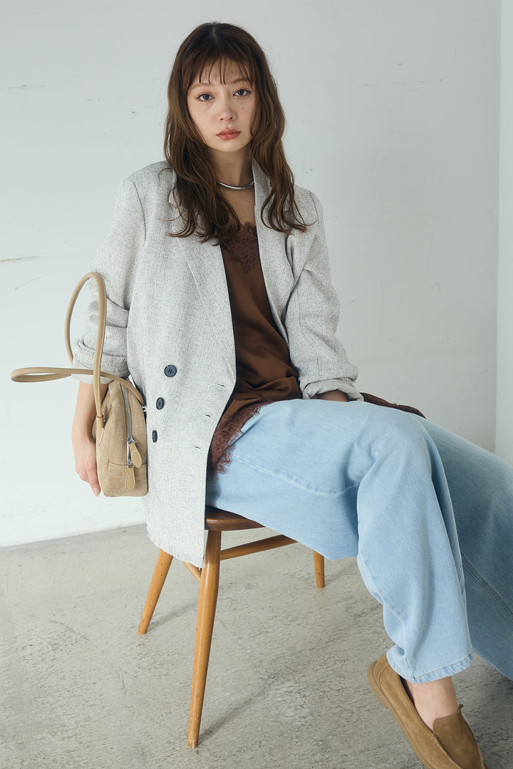 [SET]スラブネップツイードフリンジテーラードジャケット+ウエスト裁ち切りデニムワイドパンツ(2set)