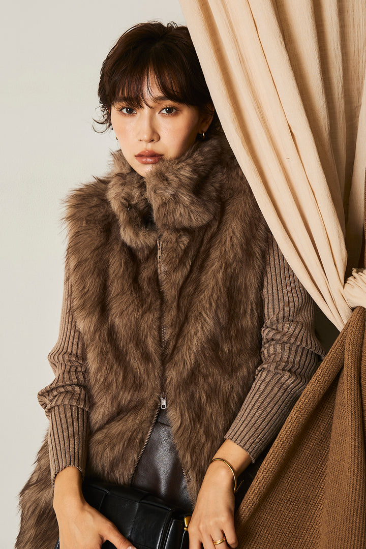 [SET]リブニットシームレスタートルプルオーバー+フェイクレザーワイドスカート+フェイクファースタンドジレ(3set)