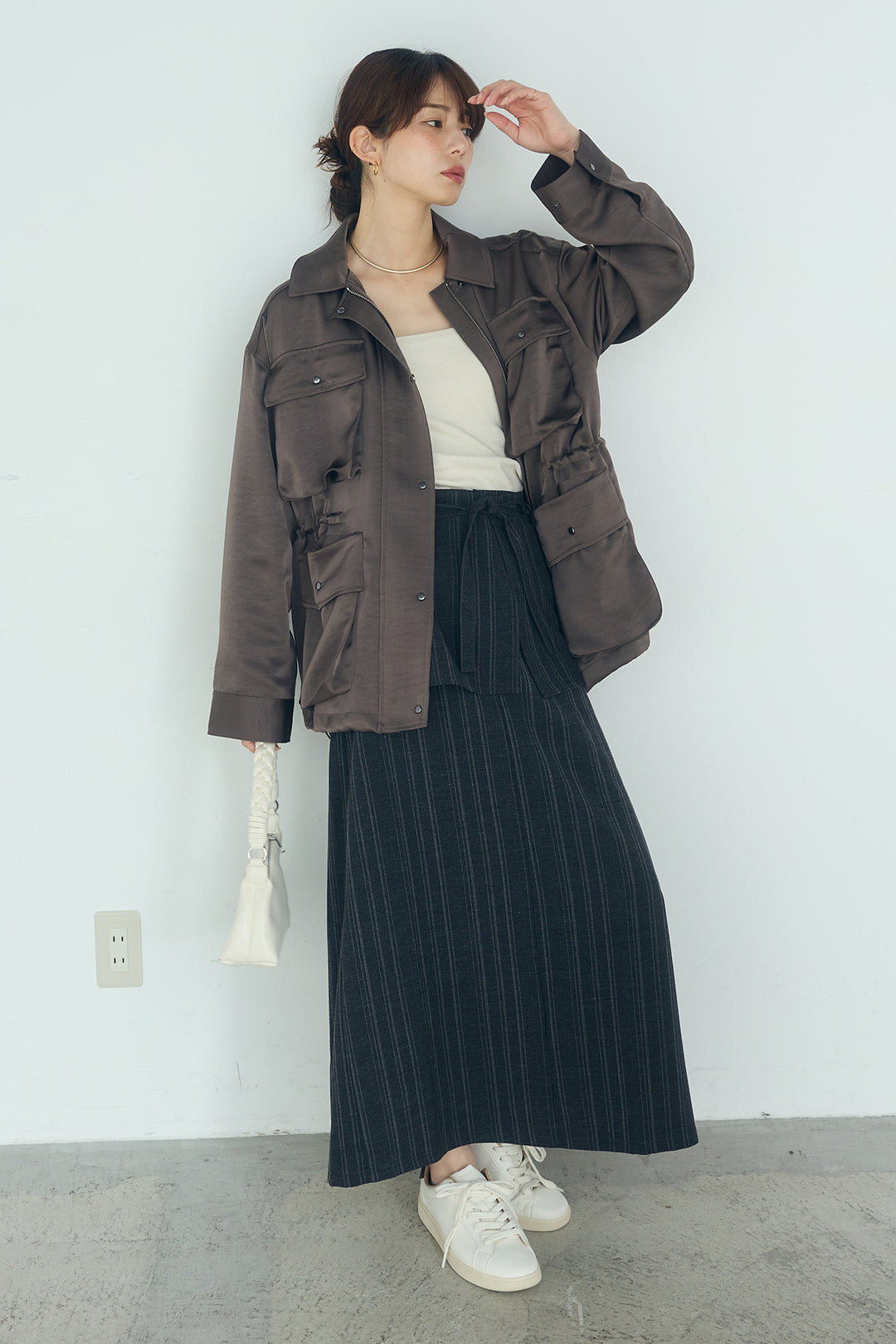 [SET]サテンライトブルゾン+ラップ巻きピンストライプワイドスカート(2set)