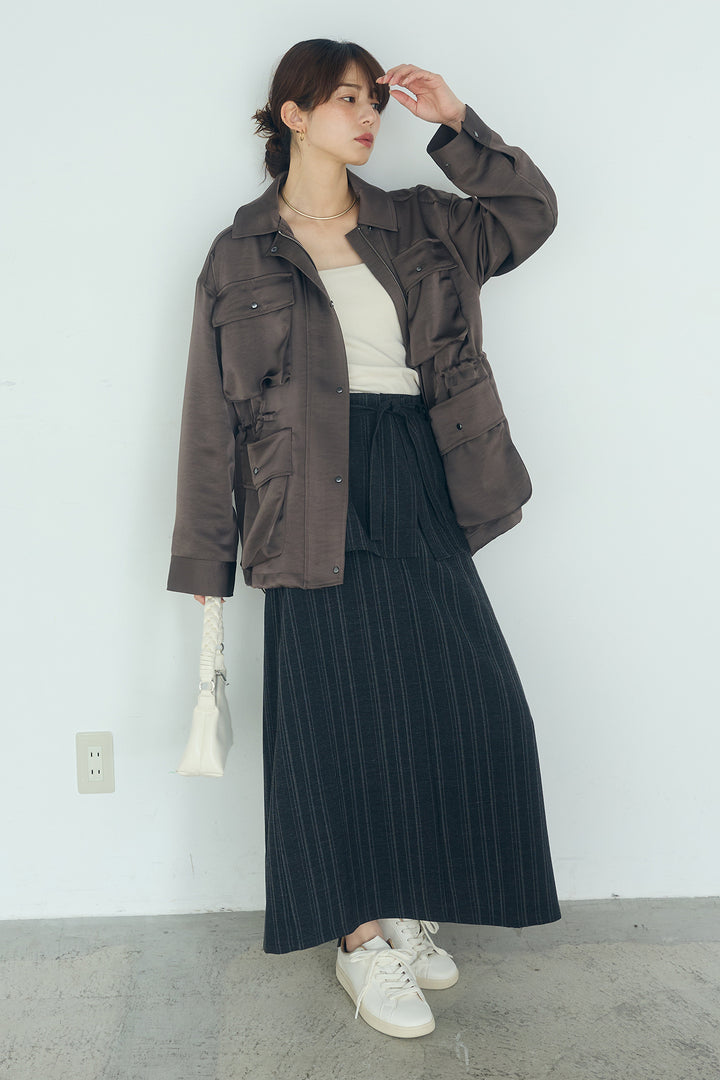 [SET]サテンライトブルゾン+ラップ巻きピンストライプワイドスカート(2set)