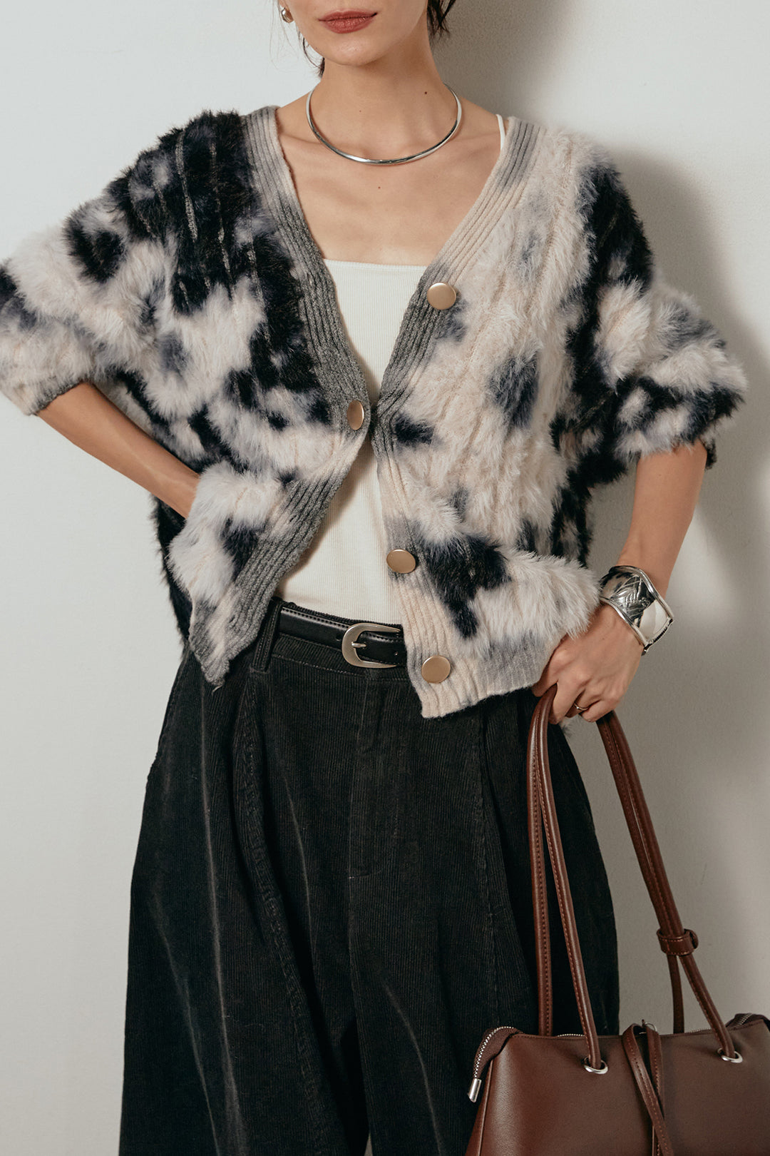 【着回しセット】[SET]タイダイ柄シャギーニットカーディガン+タック入りコーデュロイワイドパンツ+タイダイ柄シャギーニットカーディガン(3set)