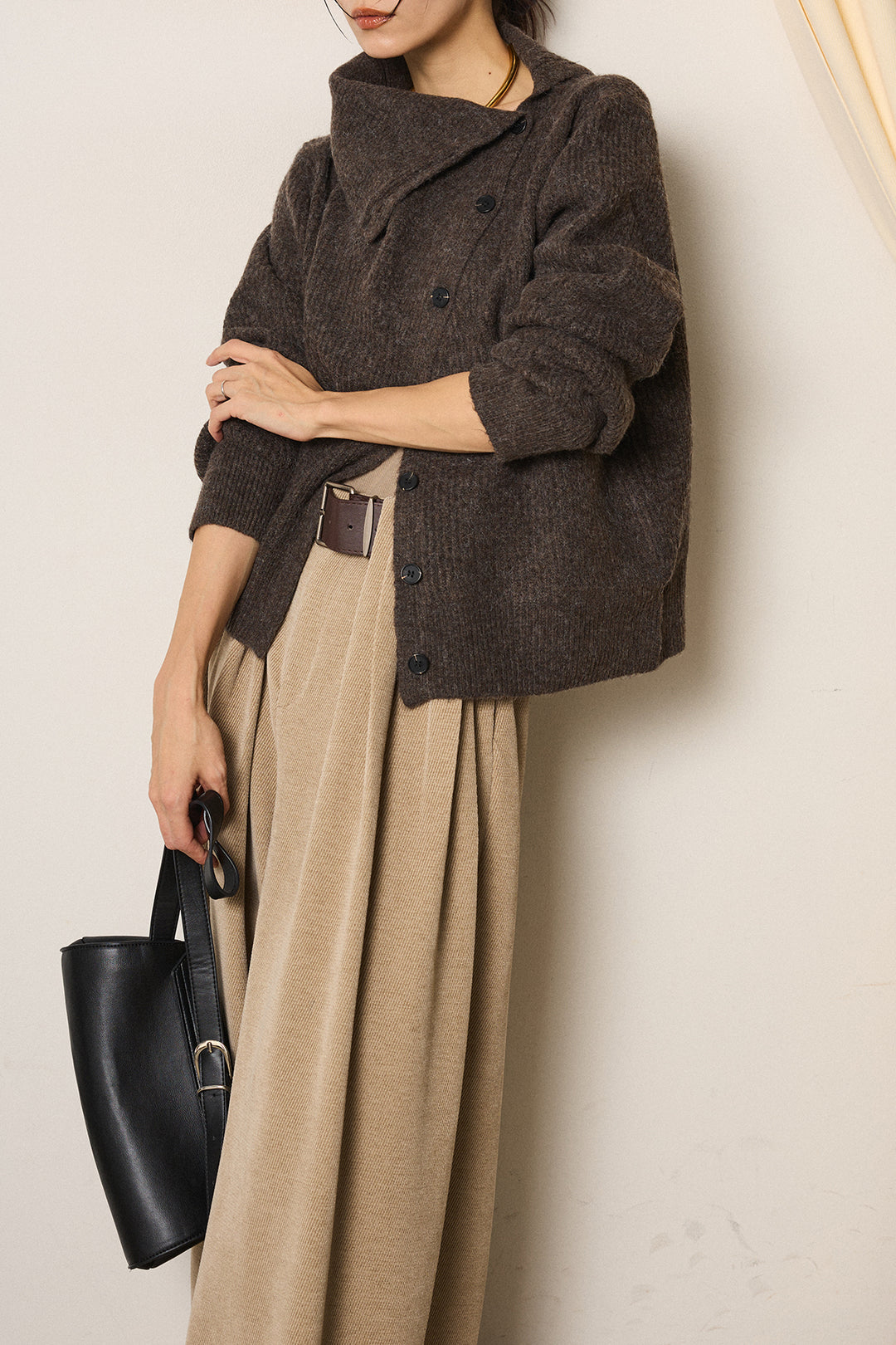 [SET]ボタンデザインネックニットプルオーバー+ベルトループコーデュロイワイドパンツ(2set)