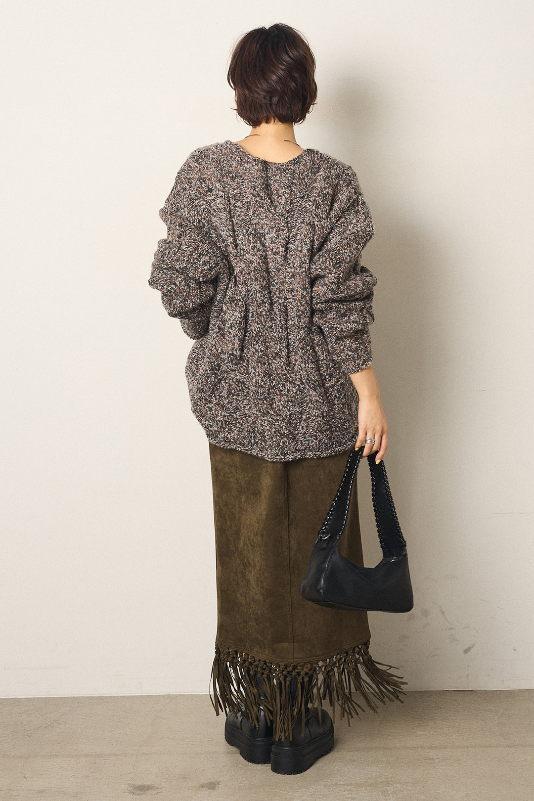 [SET]Vネックミックス編みニットトップス+スウェードライク裾フリンジスカート(2set)