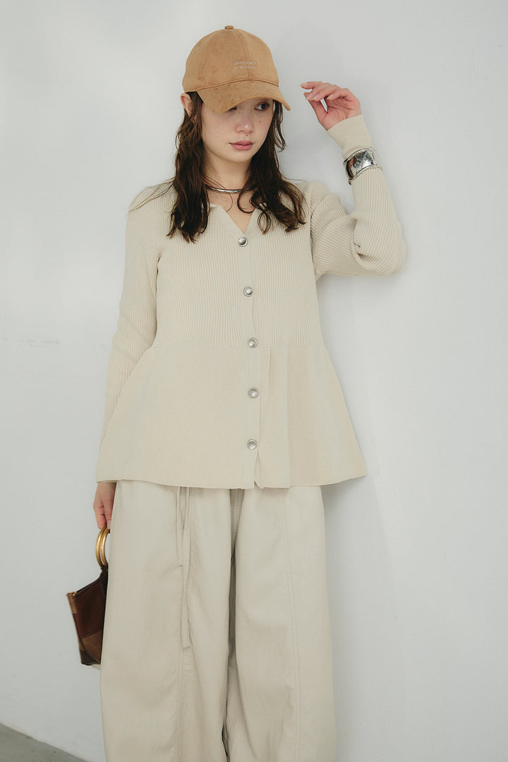 [SET]スキッパーペプラムニット+フェイクレザーカーブワイドパンツ(2set)