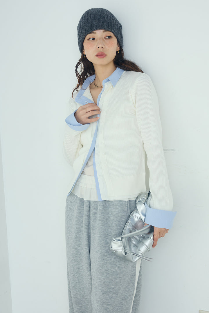 [SET]シャツドッキングボタンニットカーディガン+異素材切り替えスウェットパンツ(2set)