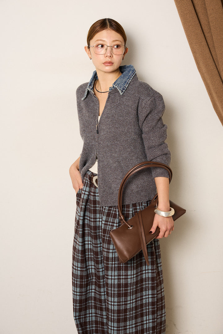 [SET]デニム襟ダブルジップニットトップス+スタッズデザインベルトタータンチェックパンツ(2set)