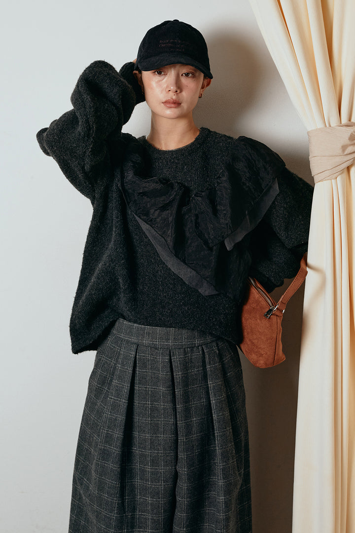 [SET]アシンメトリーフリルニットトップス+ウールライクチェックタックパンツ(2set)