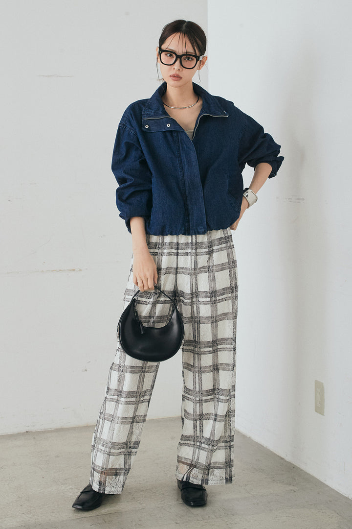 [SET]スタンドカラーデニムブルゾンジャケット+レースチェックワイドイージーパンツ(2set)