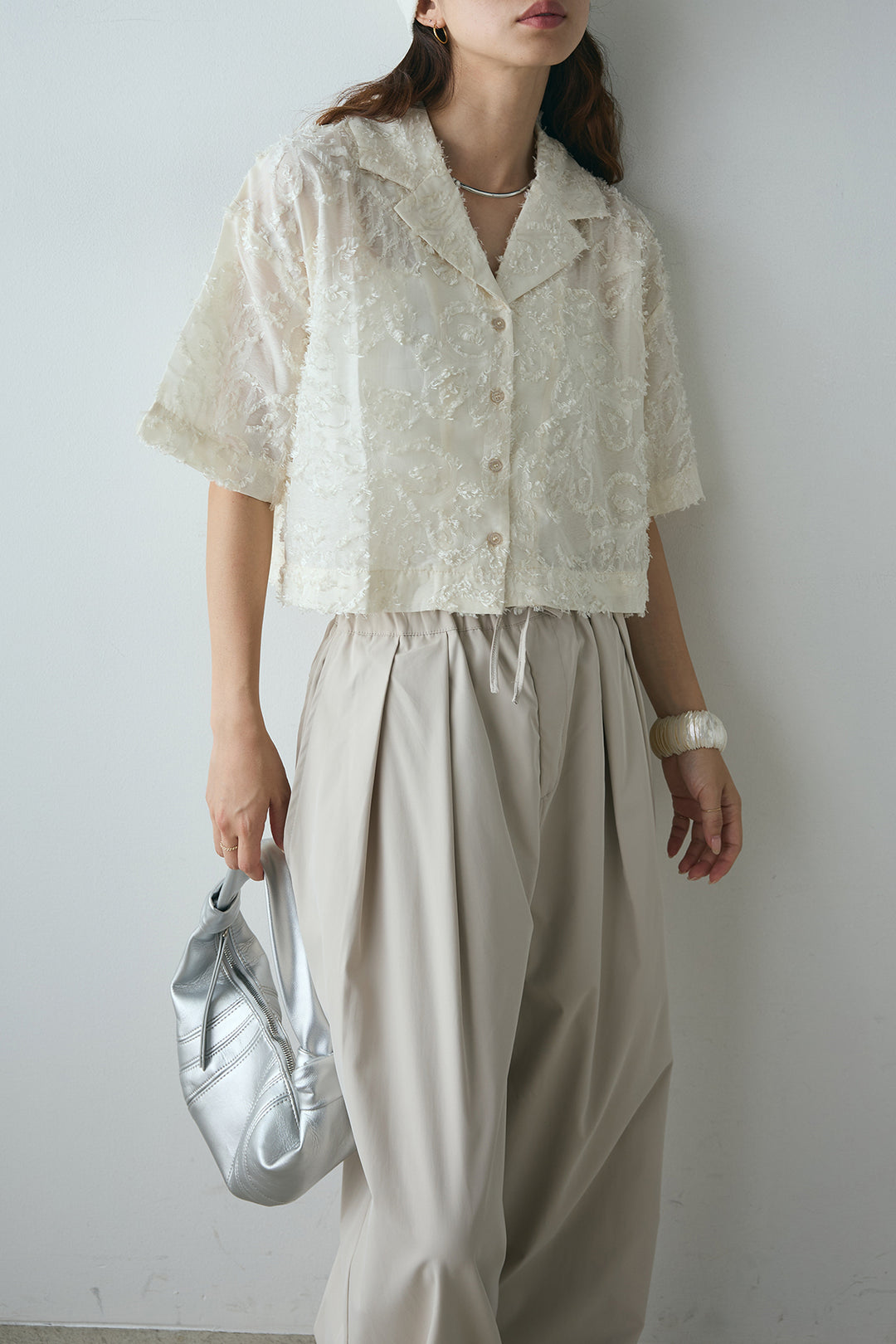 [SET]半袖オープンカラージャガード柄シャツ+タックワイドリラックスパンツ(2set)