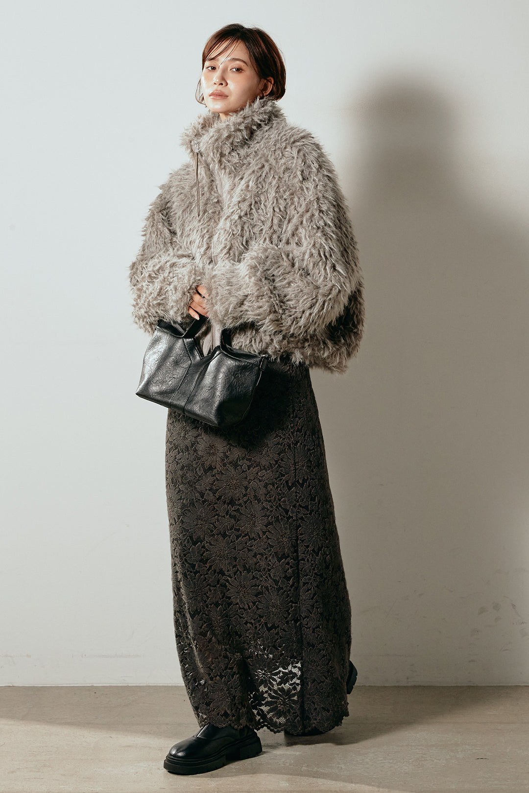 [SET]ミックスシープファースタンドブルゾン+花柄刺繍ベロアフレアスカート(2set)