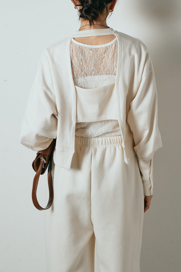 [SET]裏毛バックオープンプルオーバー+裏起毛スウェットワイドパンツ(2set)