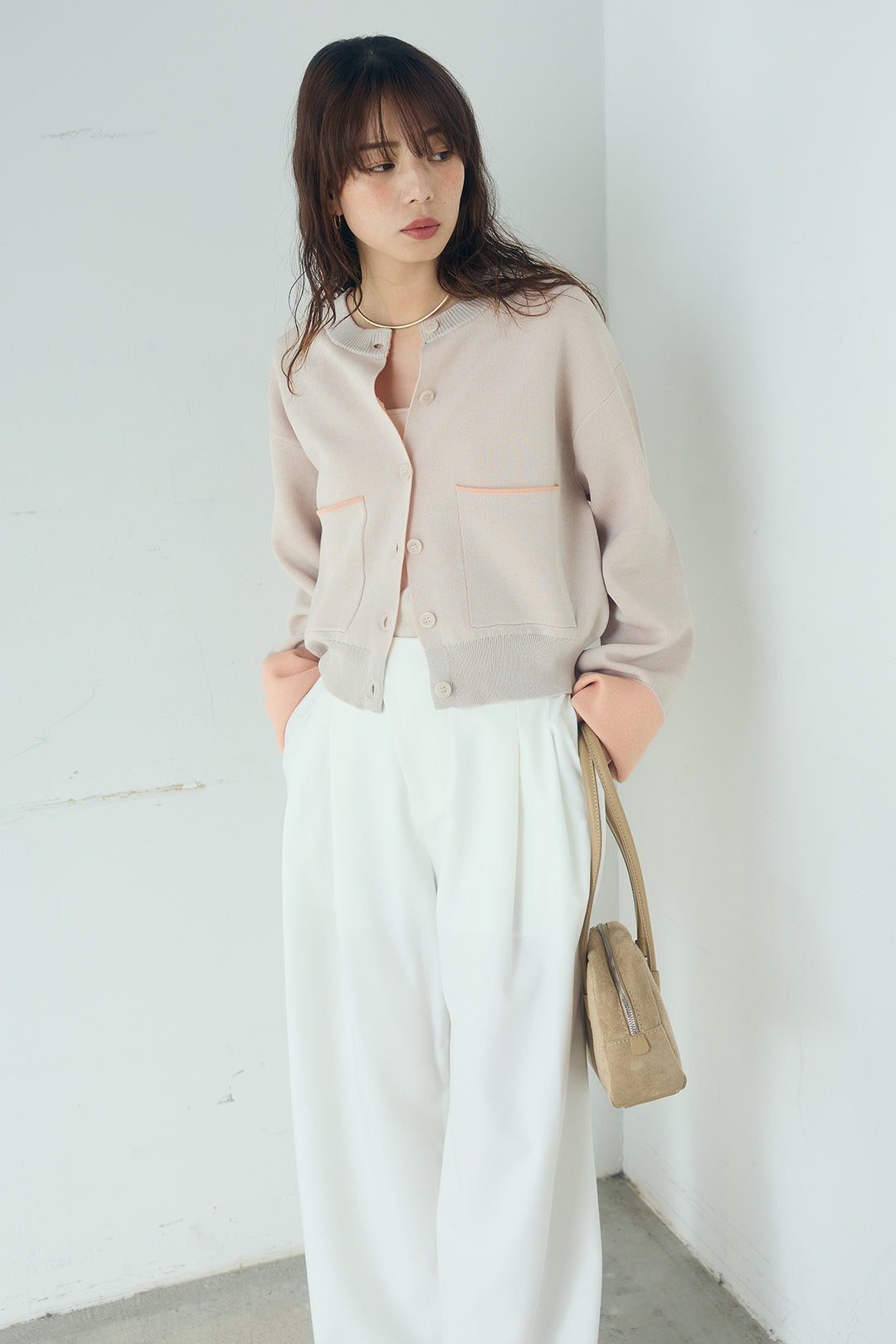 [SET]レーヨンポリダブルフェイスカーディガン+サイドベルトタック入りスラックス(2set)