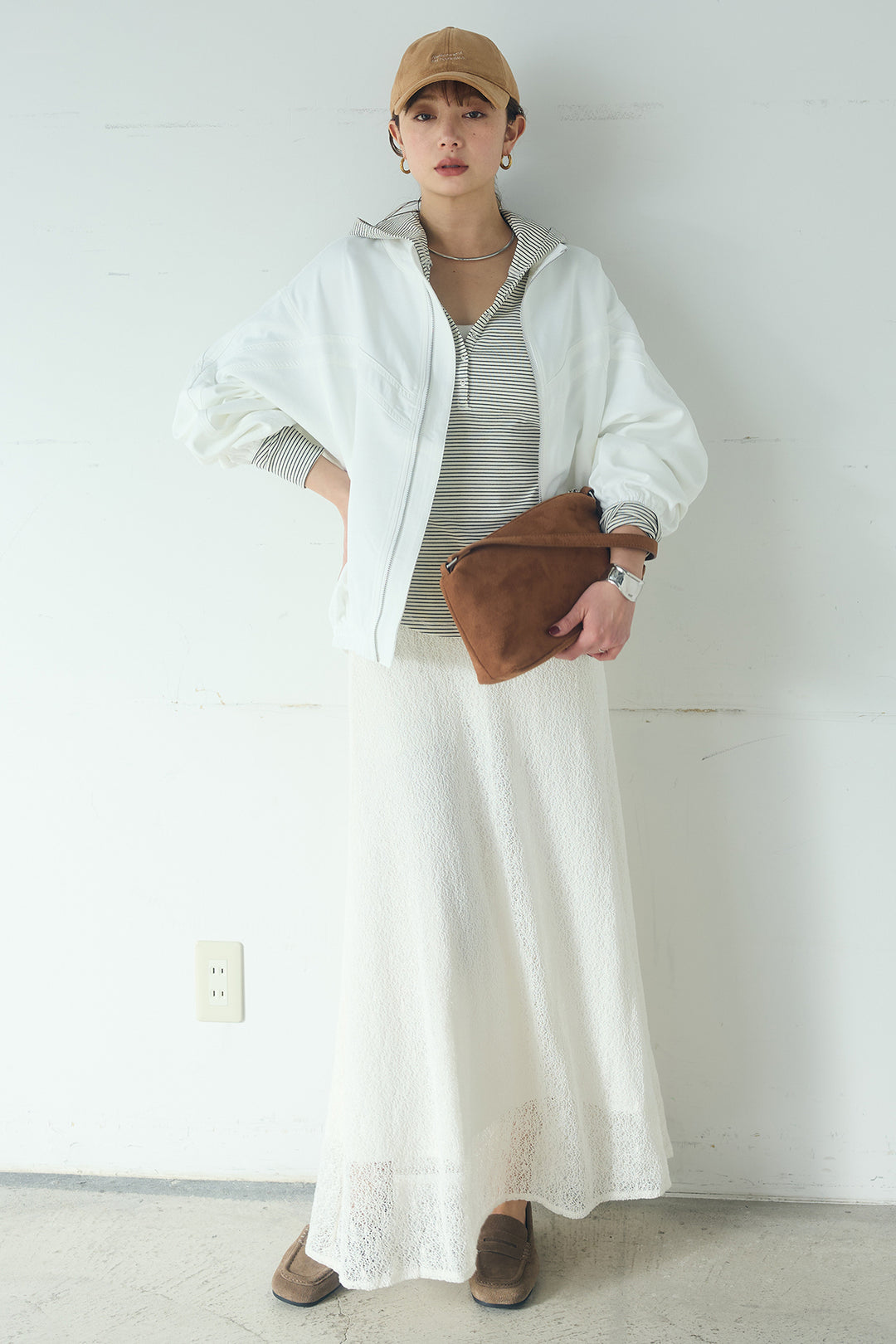 [SET]マルチ切り替えドルマンブルゾン+メッシュ刺繍ロングスカート+ボーダーフーディーロンT(3set)