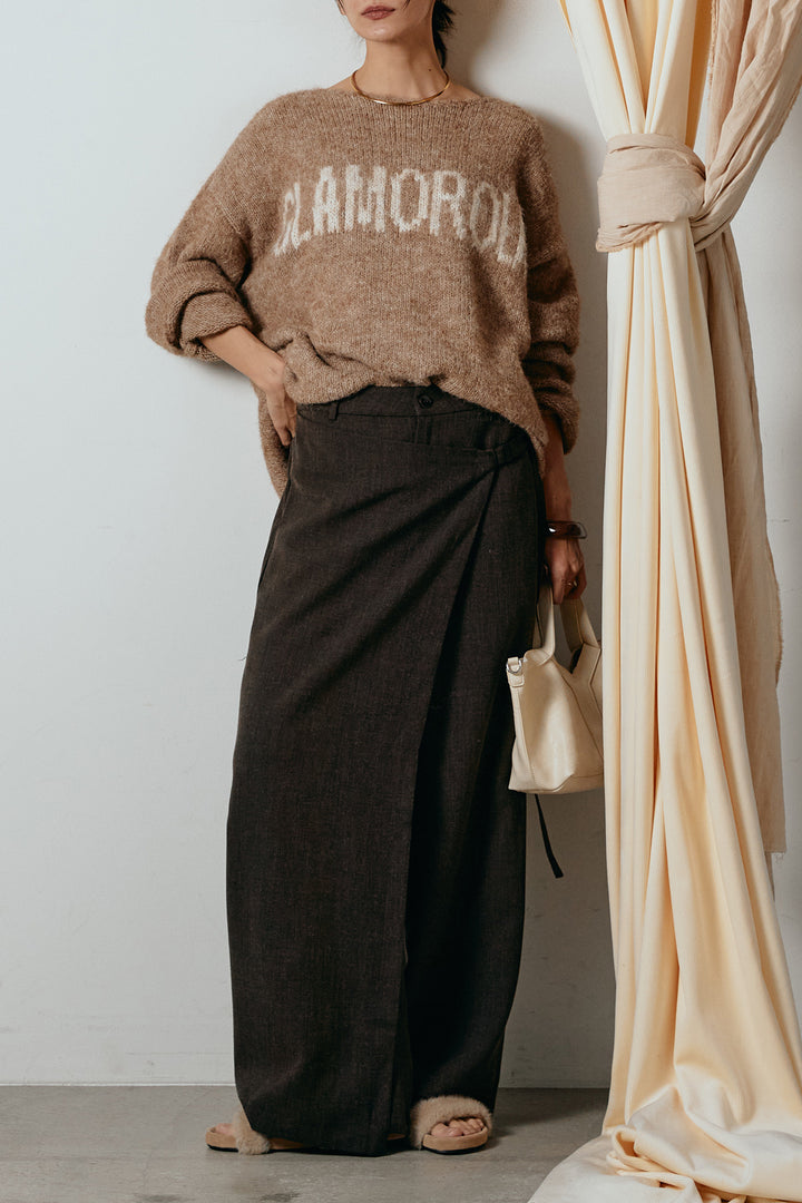 [SET]フロントロゴデザインニットトップス+ラップ巻きワイドスラックス(2set)