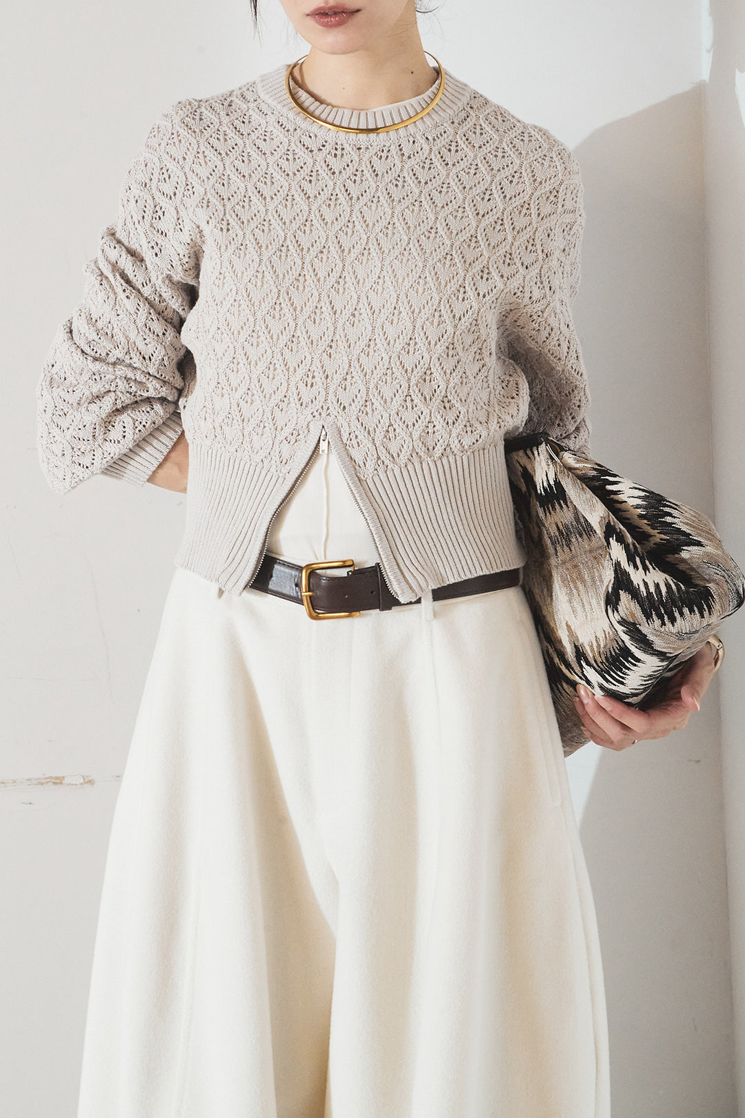 [SET]透かし編みニットジップスリットプルオーバー+ウールタッチカーブワイドパンツ(2set)