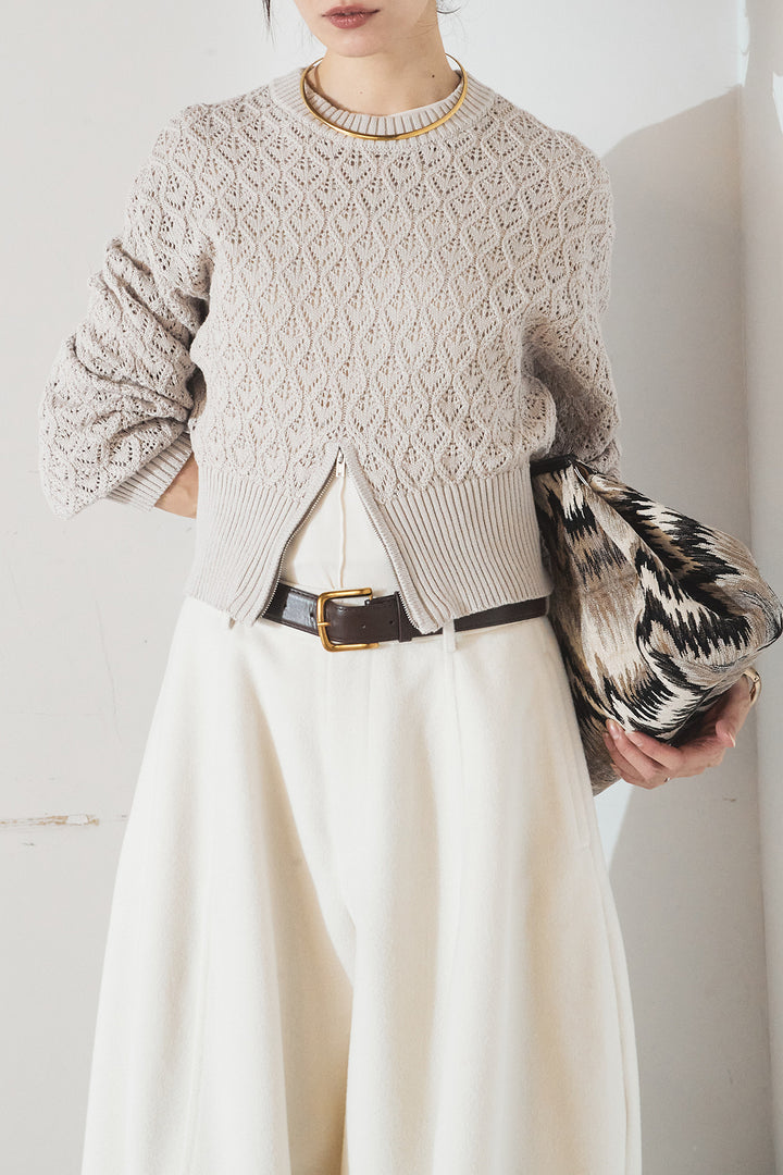 [SET]透かし編みニットジップスリットプルオーバー+ウールタッチカーブワイドパンツ(2set)