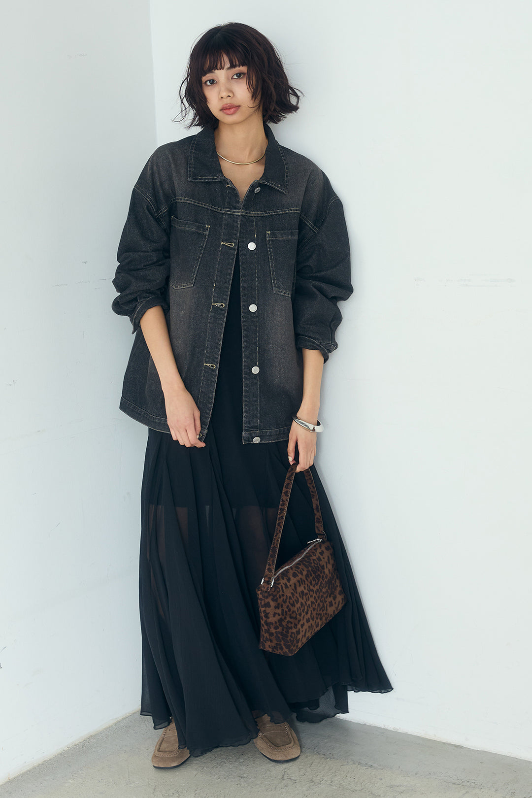 [SET]デニムオーバーサイズジャケット+シアーフリルキャミワンピース(2set)