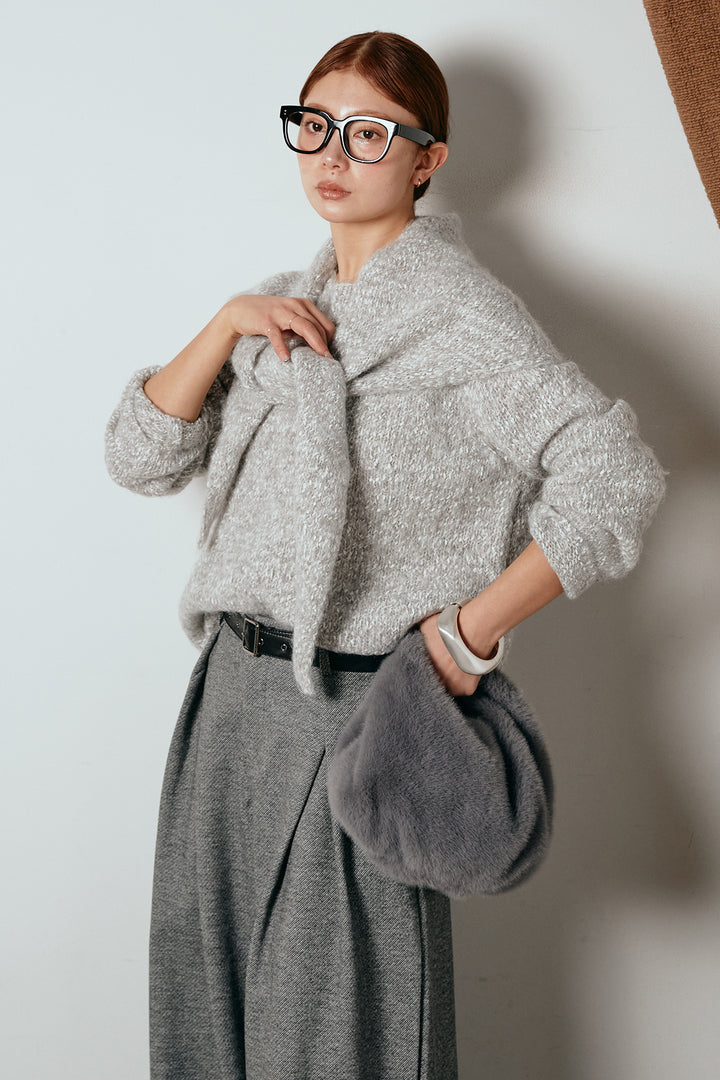 [SET]スカーフ付きミックスニットトップス+細ベルト付き起毛タックワイドパンツ(2set)