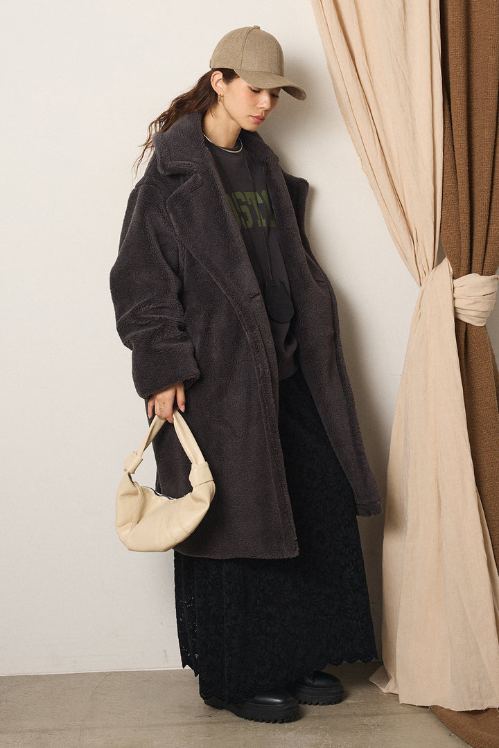 [SET]テディボアロングコート+ロゴデザインルーズスウェット+花柄刺繍ベロアフレアスカート(3set)