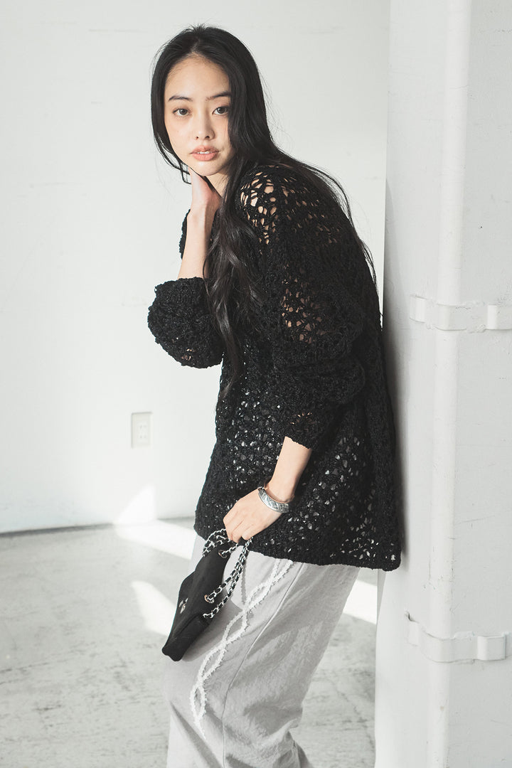 [SET]リラックスメッシュニットトップス+刺繡テープラインパンツ(2set)