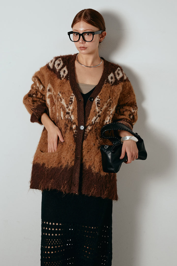 [SET]シャギーニュアンス柄ニットカーディガン+裾透かし編みキャミソールニットワンピース(2set)