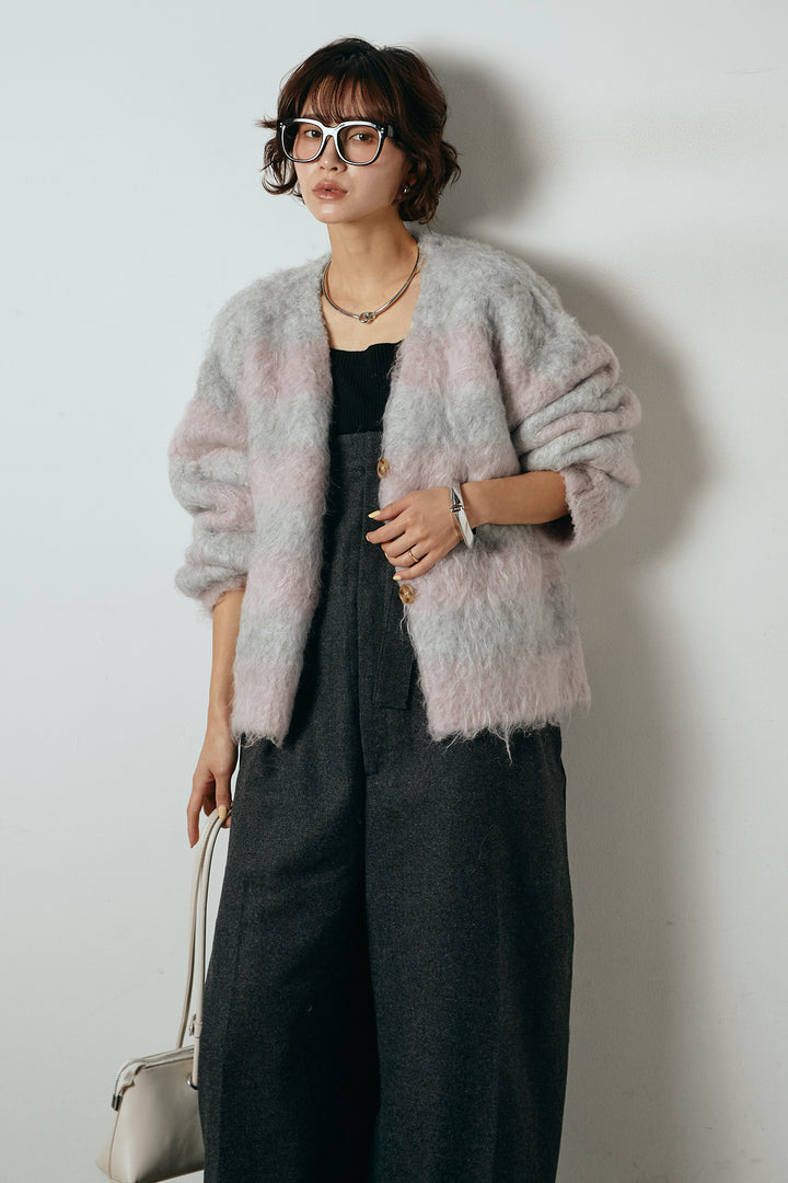 [SET]シャギーボーダー柄ニットカーディガン+ウール混フランネルワイドサロペット(2set)