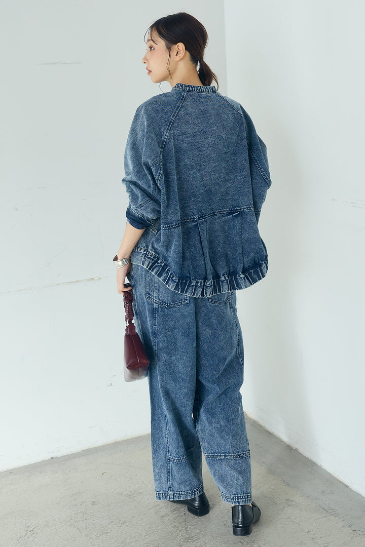 [SET]カラーデニムケミカル加工ノーカラーブルゾン+カラーデニムケミカル加工コクーンパンツ(2set)