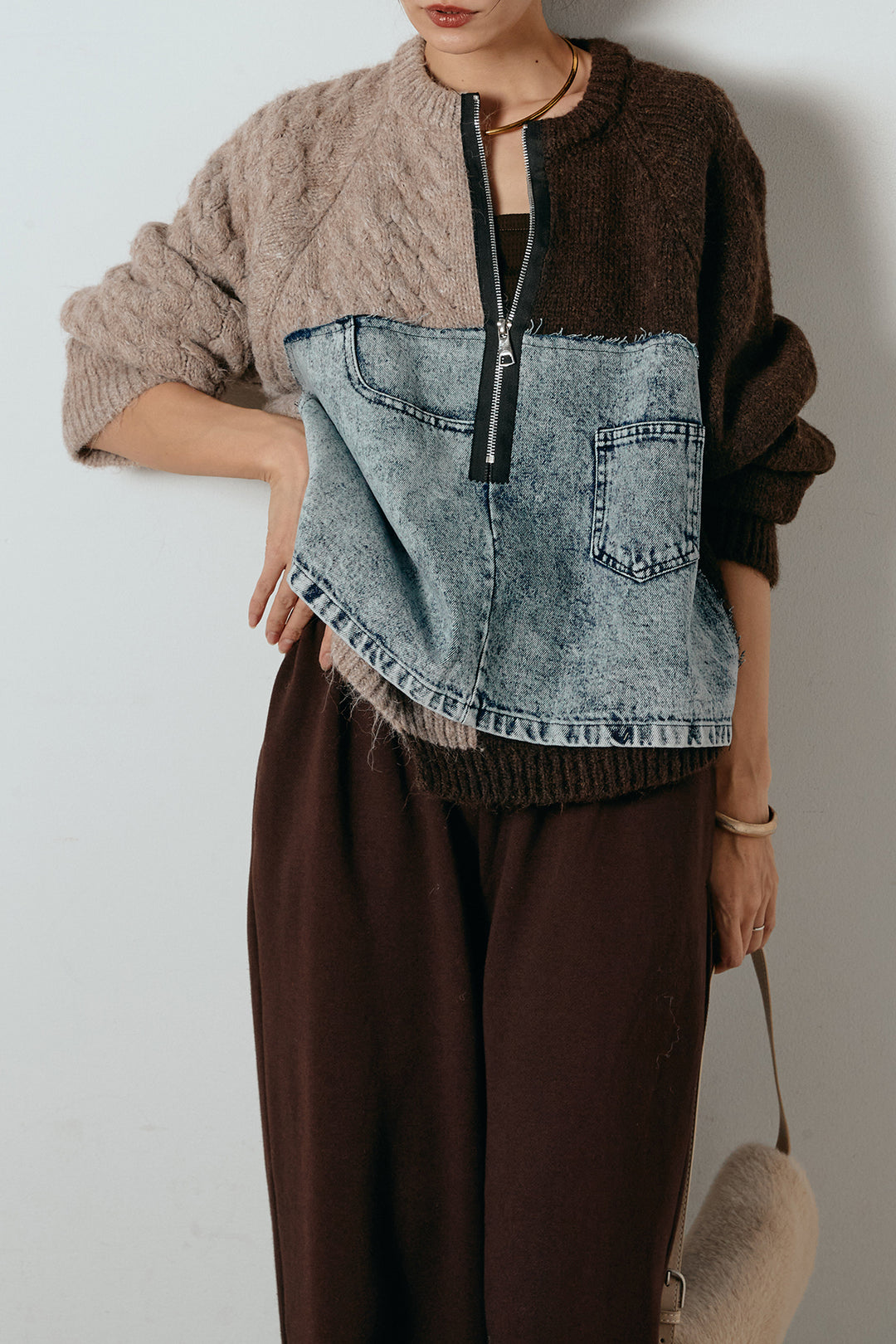 [SET]ハーフジップニットデニムドッキングトップス+裏起毛スウェットワイドパンツ(2set)