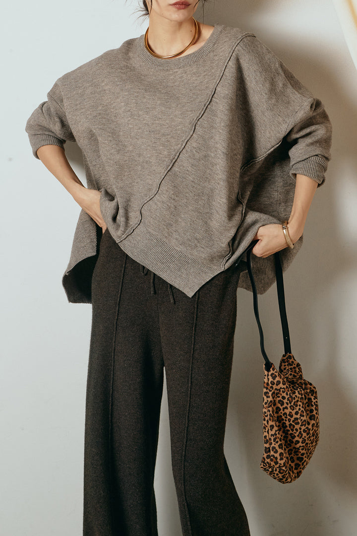 [SET]アシンメトリーデザインニットトップス+センターラインニットパンツ(2set)