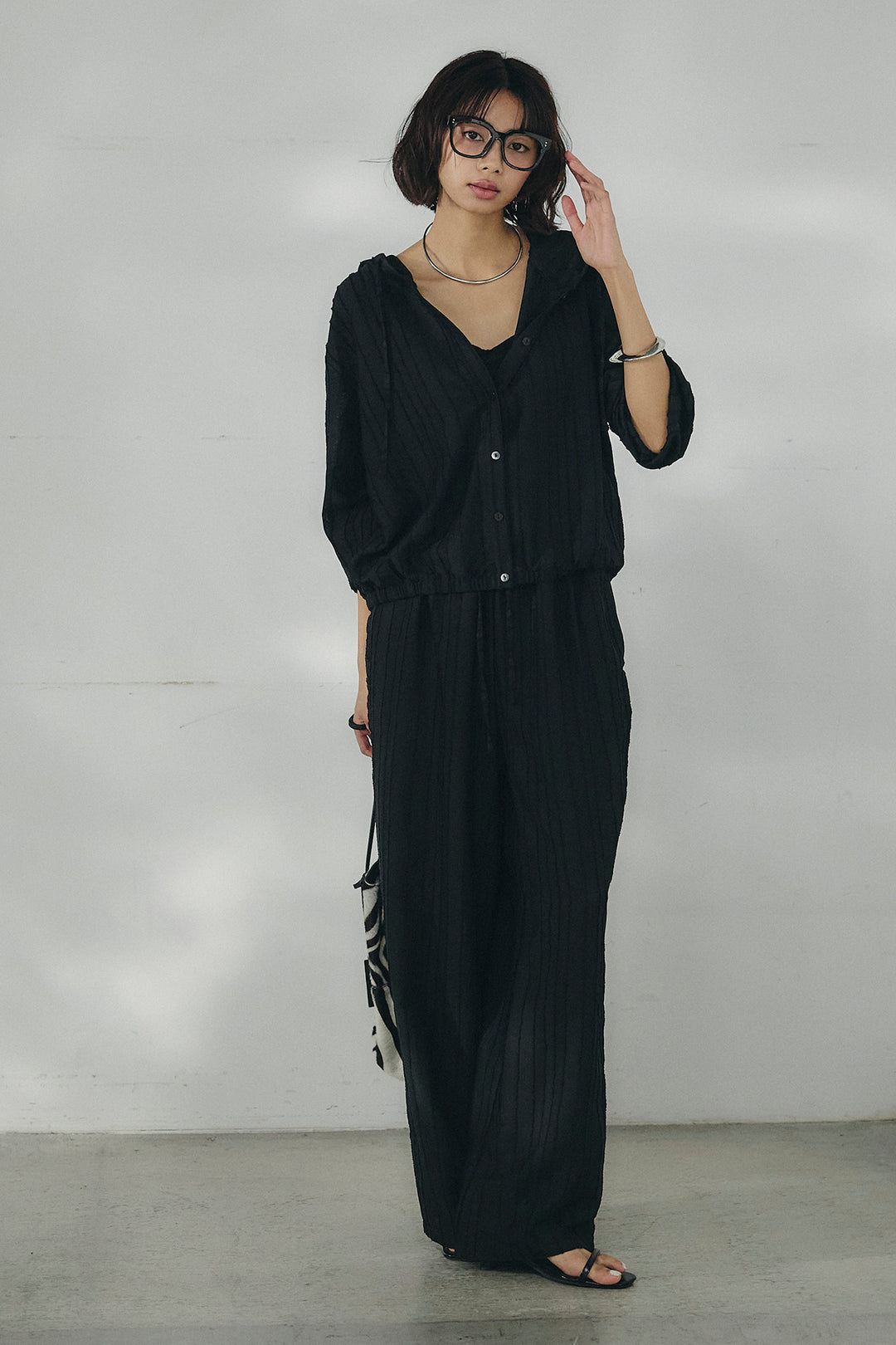 [SET]ストライプジャガードフードシャツ+ストライプジャガードロングイージーパンツ(2set)