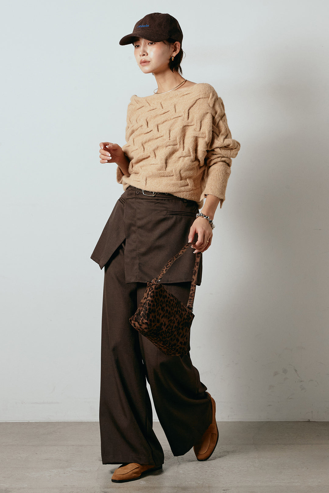 [SET]ボートネックニットトップス+ベルト付きウエストデザインパンツ(2set)