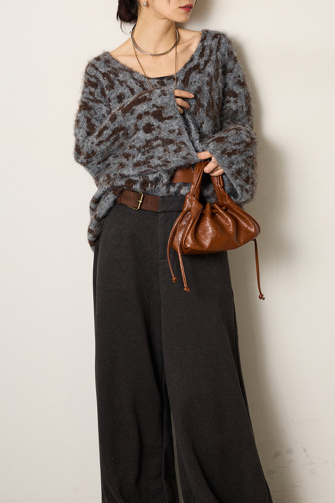 [SET]フラッフィーレオパードシャギーニット+サイドベルトパンツ(2set)