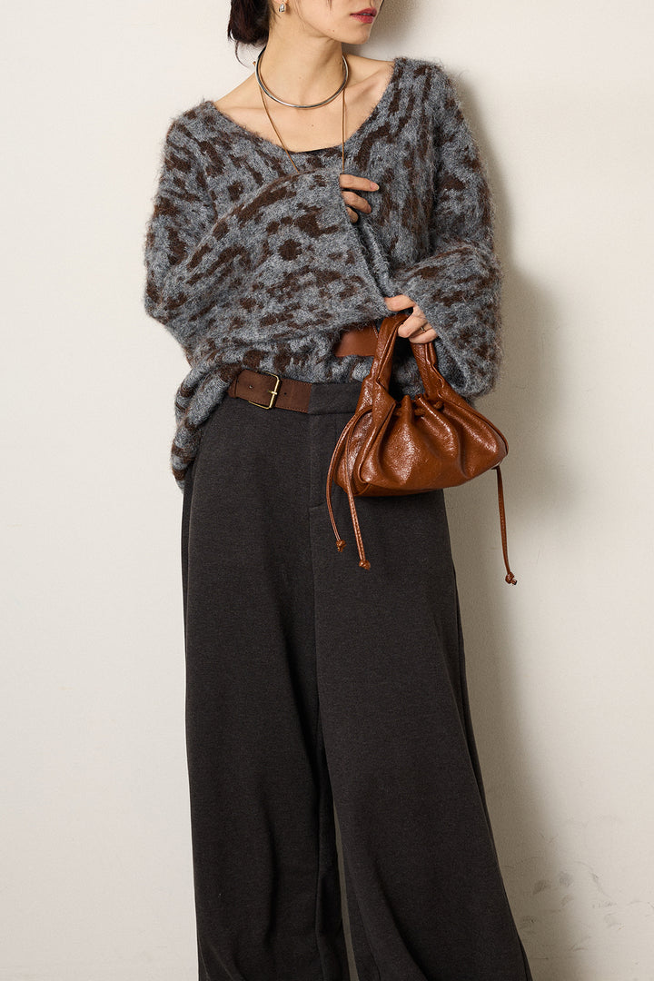 [SET]フラッフィーレオパードシャギーニット+サイドベルトパンツ(2set)
