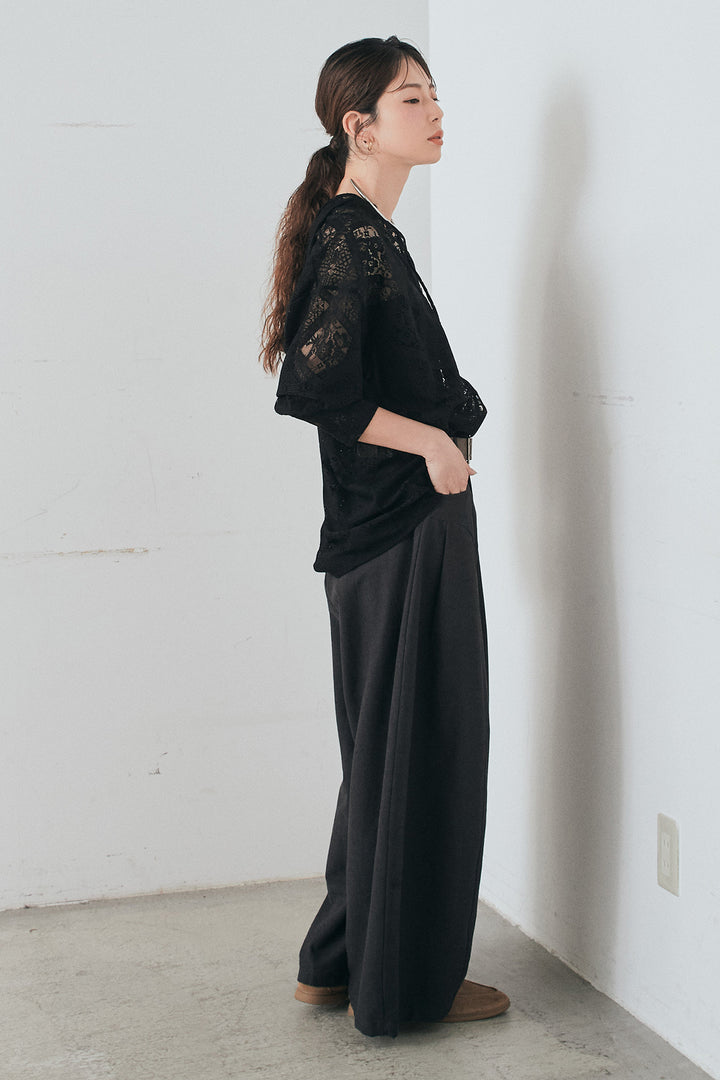 [SET]ブロックレースフード付きブラウス+ベルト付きサイドタックワイドパンツ(2set)